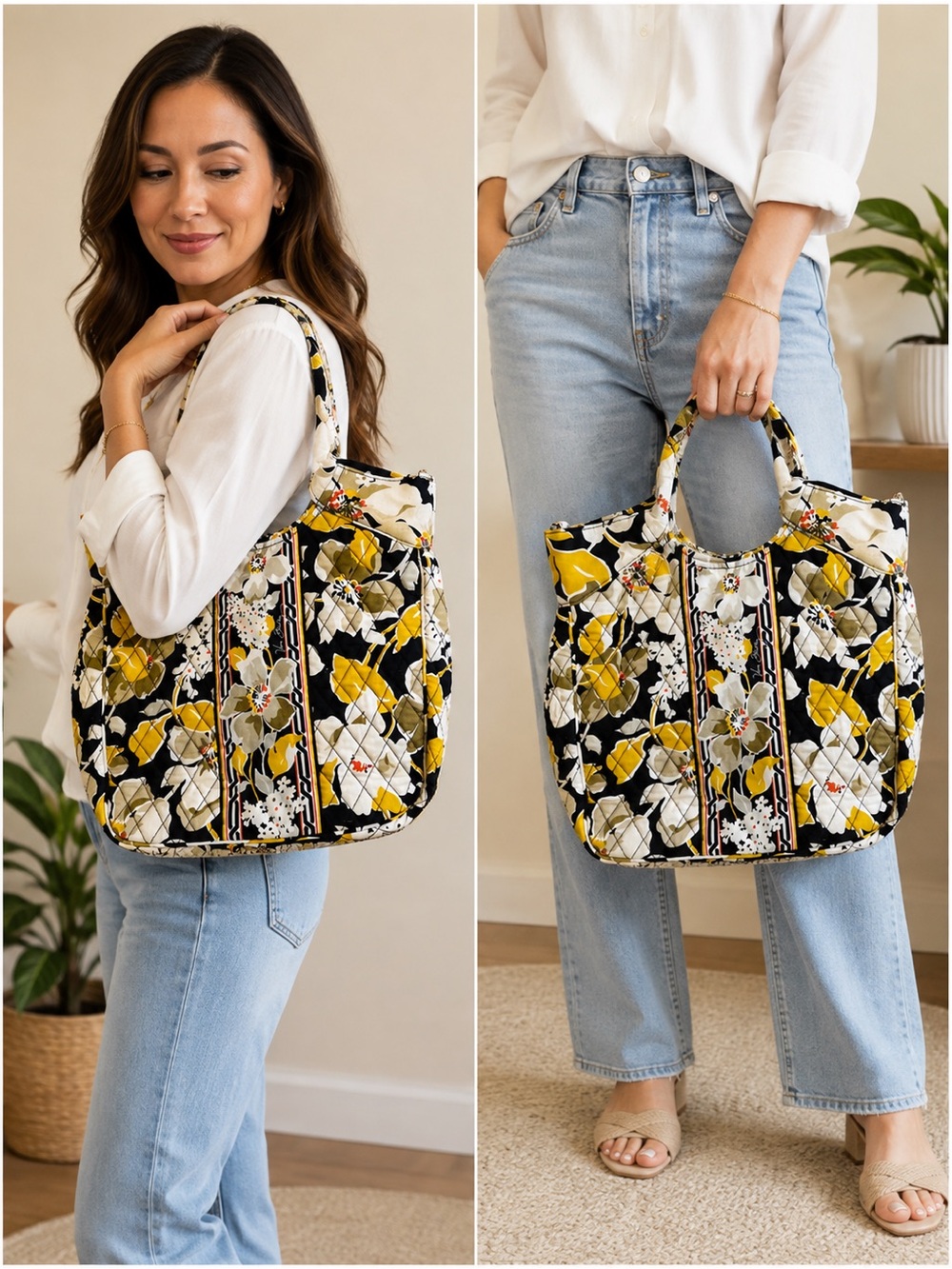 New Vera Bradley Floral Tote Bag – Black, Yellow & Ivory